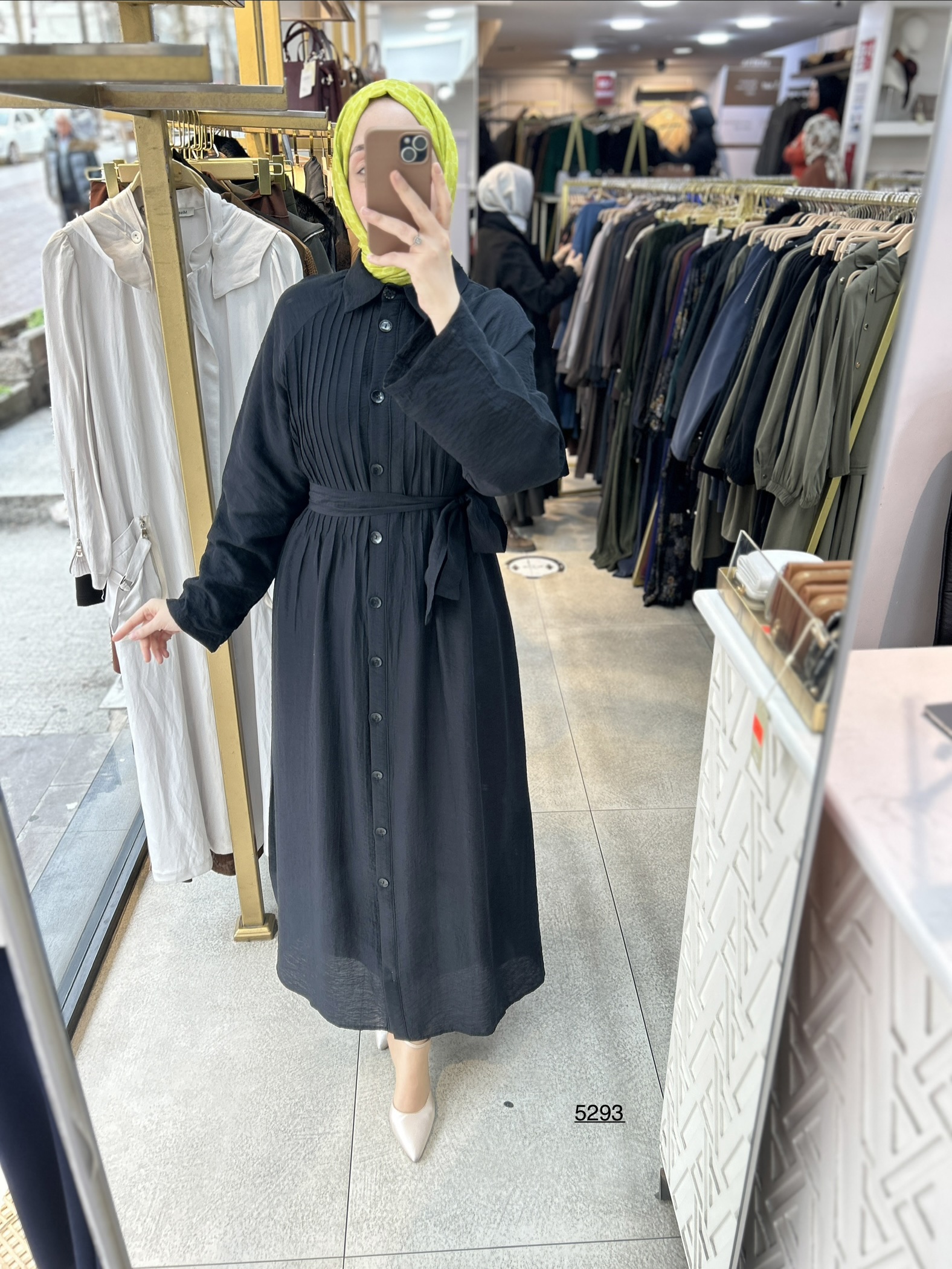 5293  Boydan Düğmeli  Kemerli  Elbise - Görsel 8