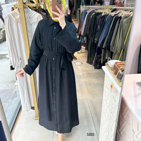 5293  Boydan Düğmeli  Kemerli  Elbise - Görsel 7