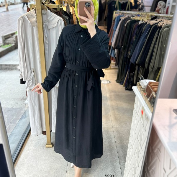 5293  Boydan Düğmeli  Kemerli  Elbise - Görsel 9