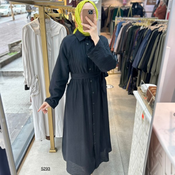 5293  Boydan Düğmeli  Kemerli  Elbise - Görsel 5