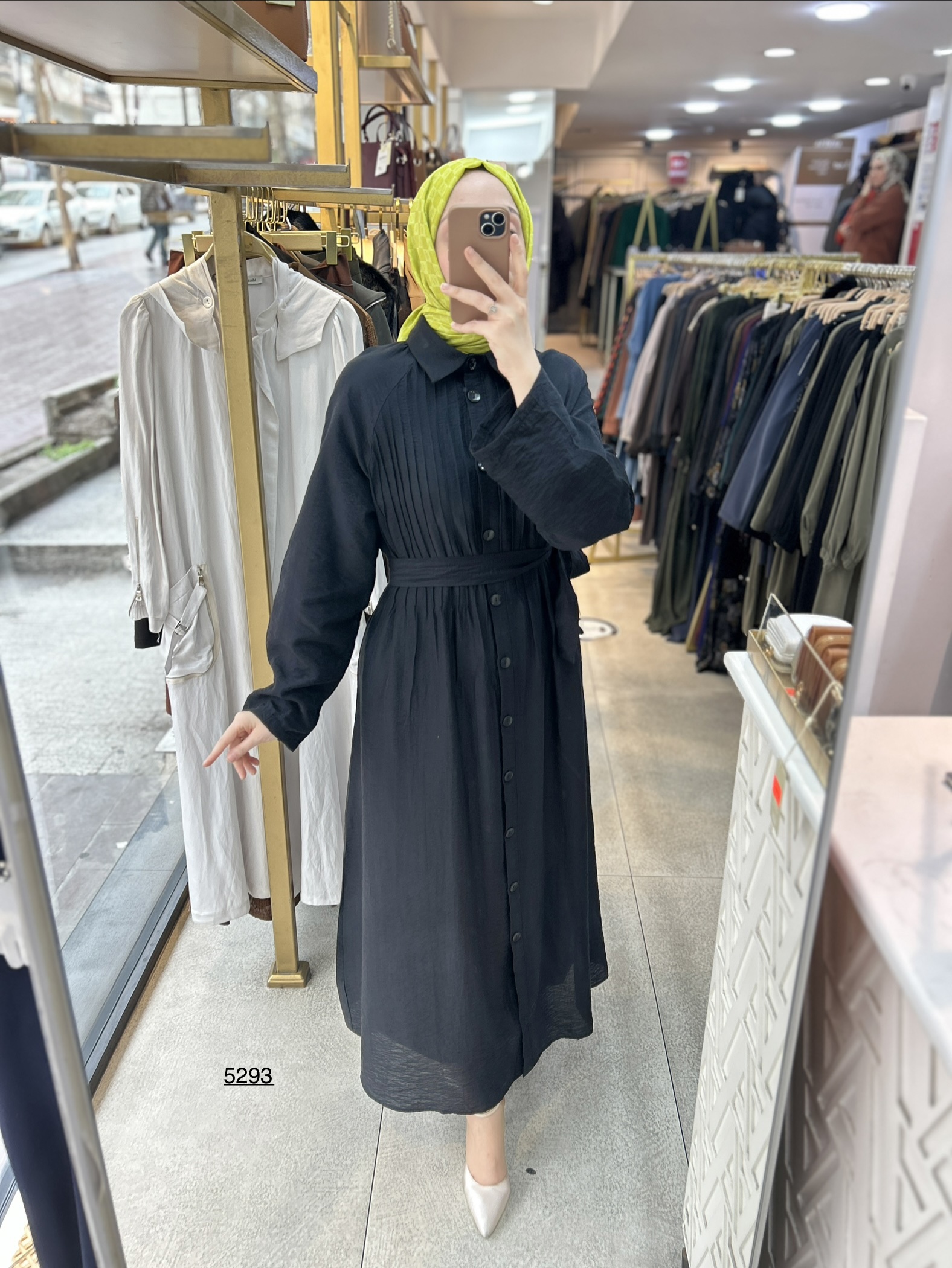 5293  Boydan Düğmeli  Kemerli  Elbise - Görsel 5