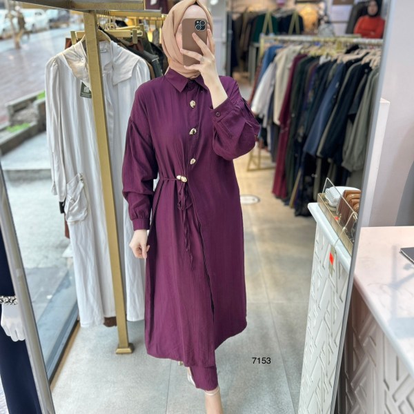 7153  Düğme Detaylı Belden Bağlamalı Takım - Görsel 3