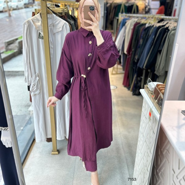 7153  Düğme Detaylı Belden Bağlamalı Takım - Görsel 1