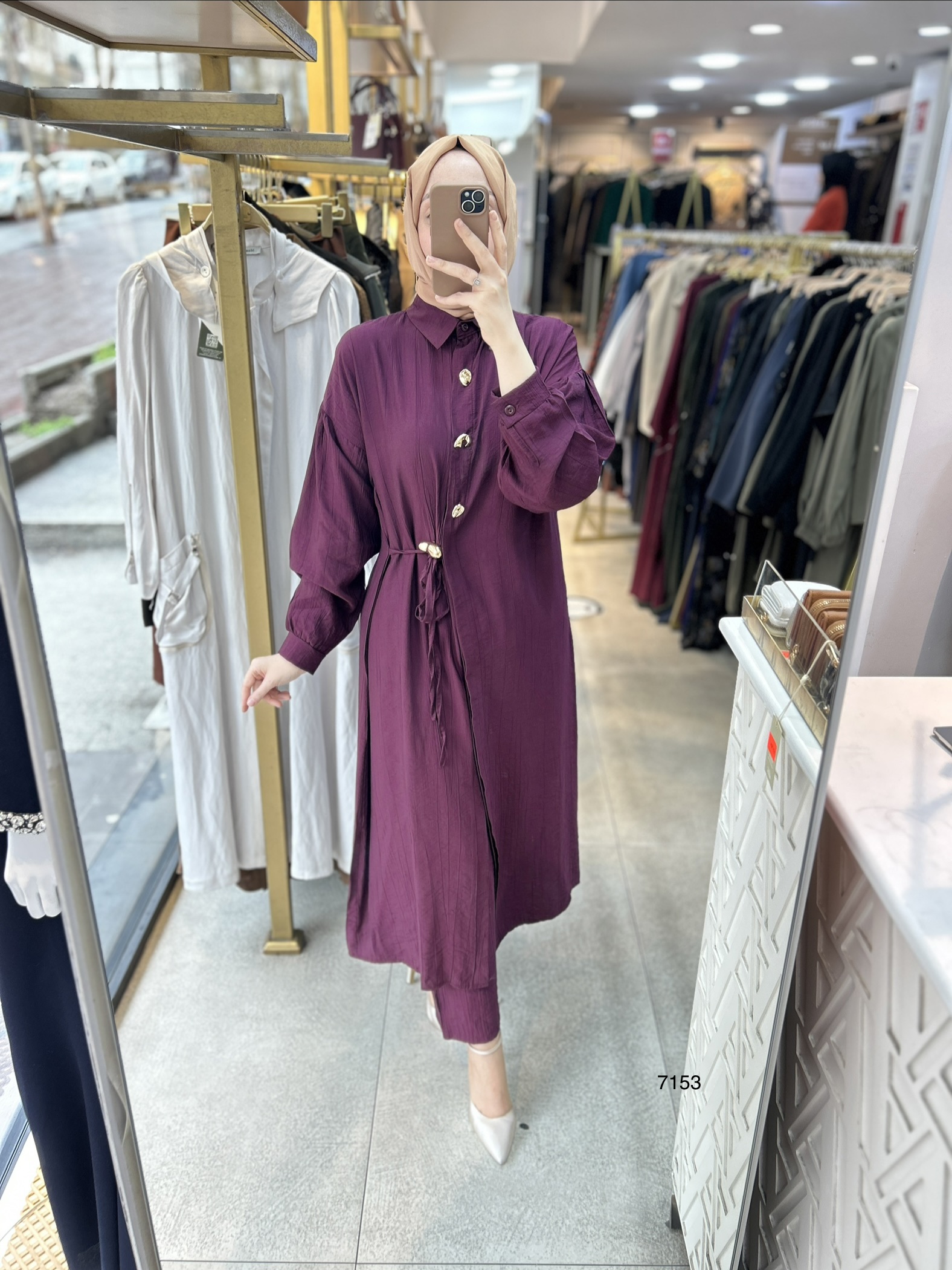 7153  Düğme Detaylı Belden Bağlamalı Takım - Görsel 1