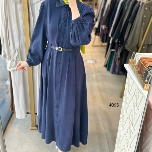 4095 Gömlek Yaka Boydan Düğmeli Kemerli Elbise - Görsel 2