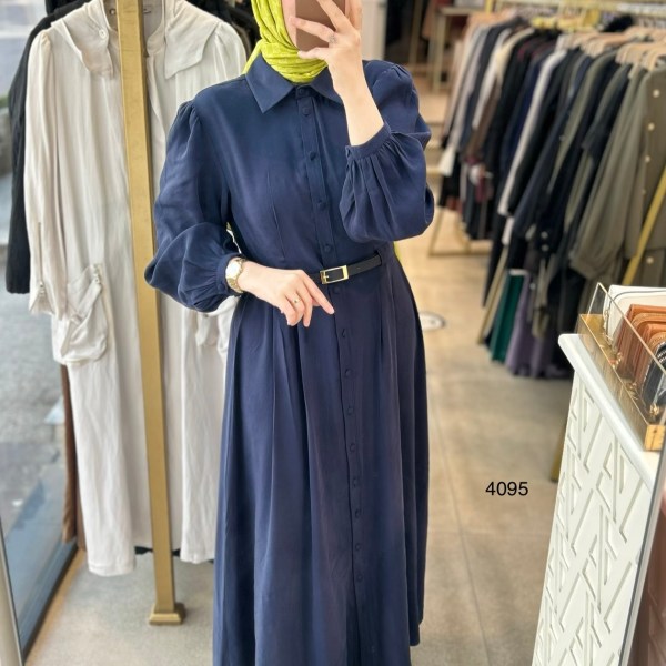 4095 Gömlek Yaka Boydan Düğmeli Kemerli Elbise - Görsel 1