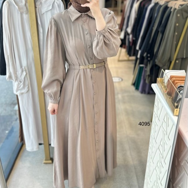 4095 Gömlek Yaka Boydan Düğmeli Kemerli Elbise - Görsel 16