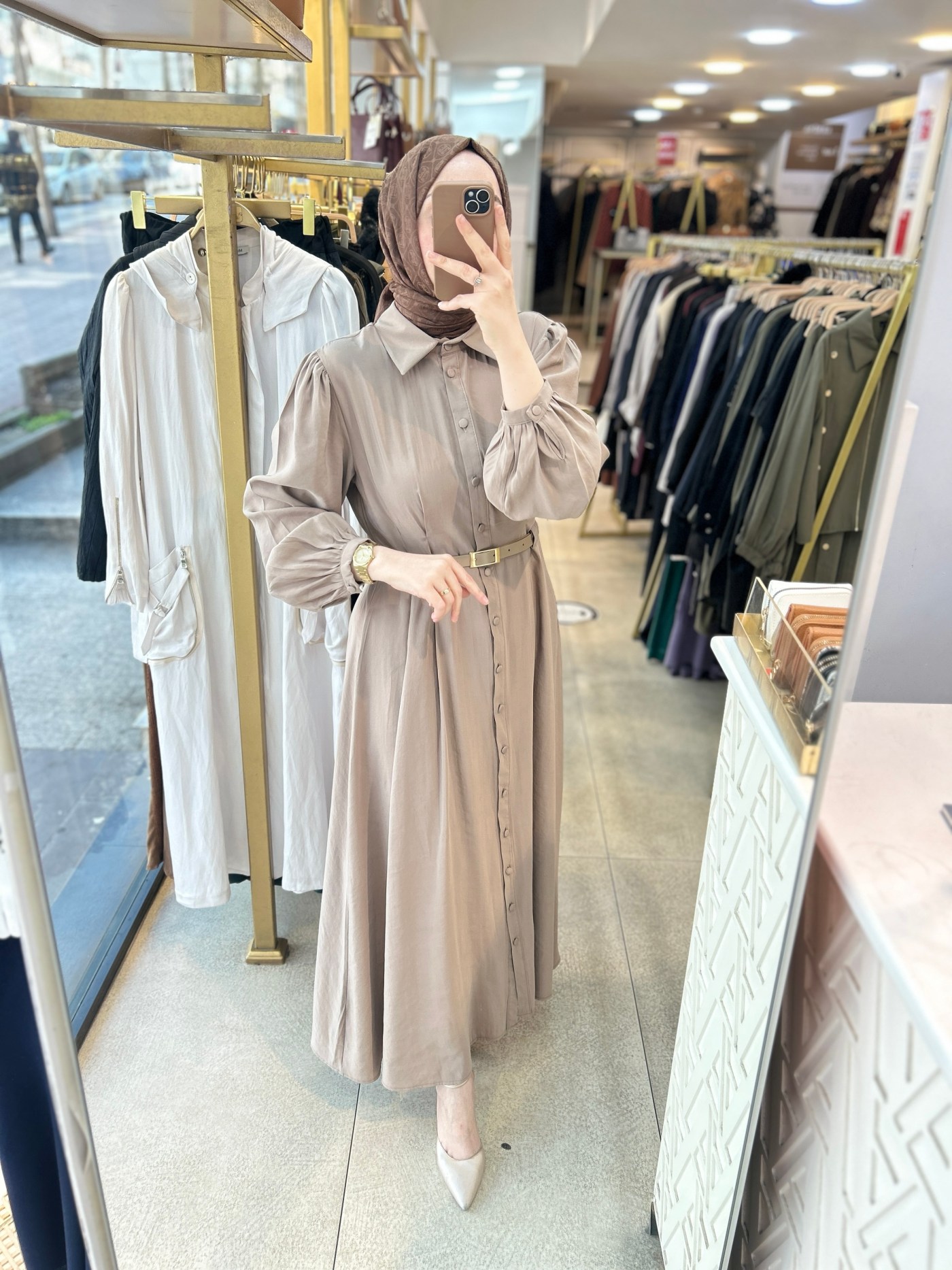 4095 Gömlek Yaka Boydan Düğmeli Kemerli Elbise