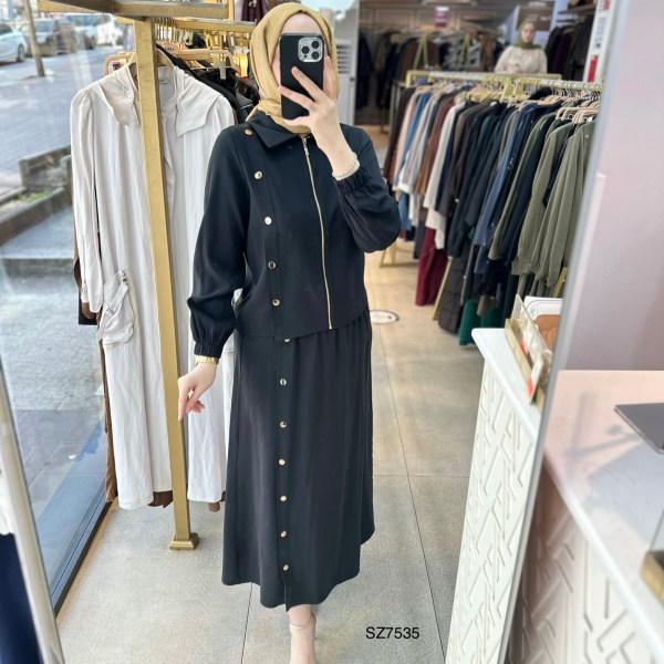 SZ7535 Düğme Detaylı Etekli Takım - Görsel 3
