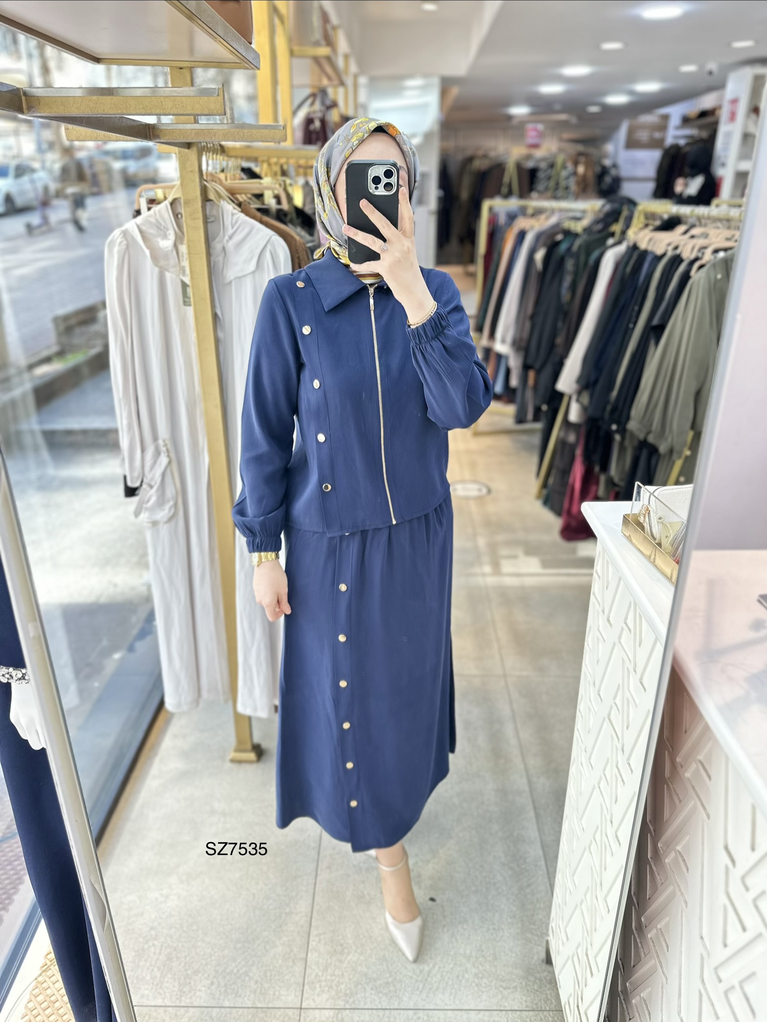 SZ7535 Düğme Detaylı Etekli Takım - Görsel 8