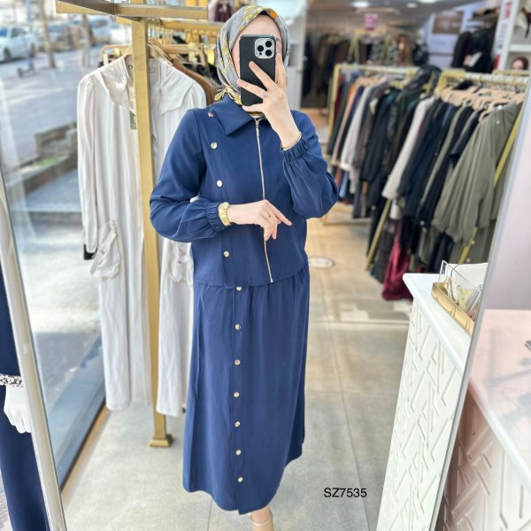 SZ7535 Düğme Detaylı Etekli Takım - Görsel 17