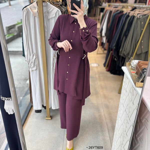 26YT609 Gömlek Yaka Düğmeli Kemerli Takım - Görsel 1