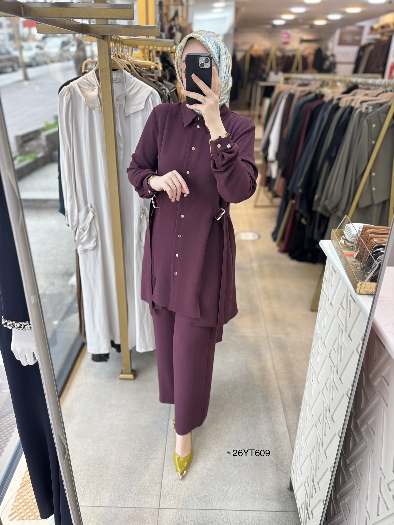 26YT609 Gömlek Yaka Düğmeli Kemerli Takım - Görsel 1