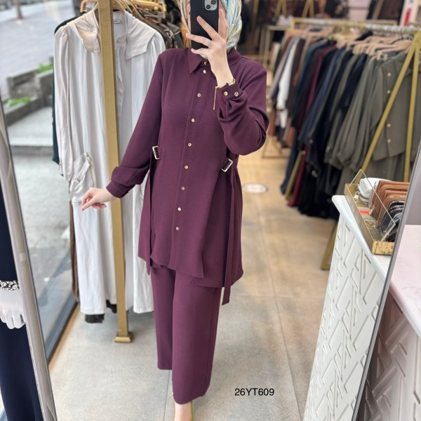 26YT609 Gömlek Yaka Düğmeli Kemerli Takım - Görsel 19