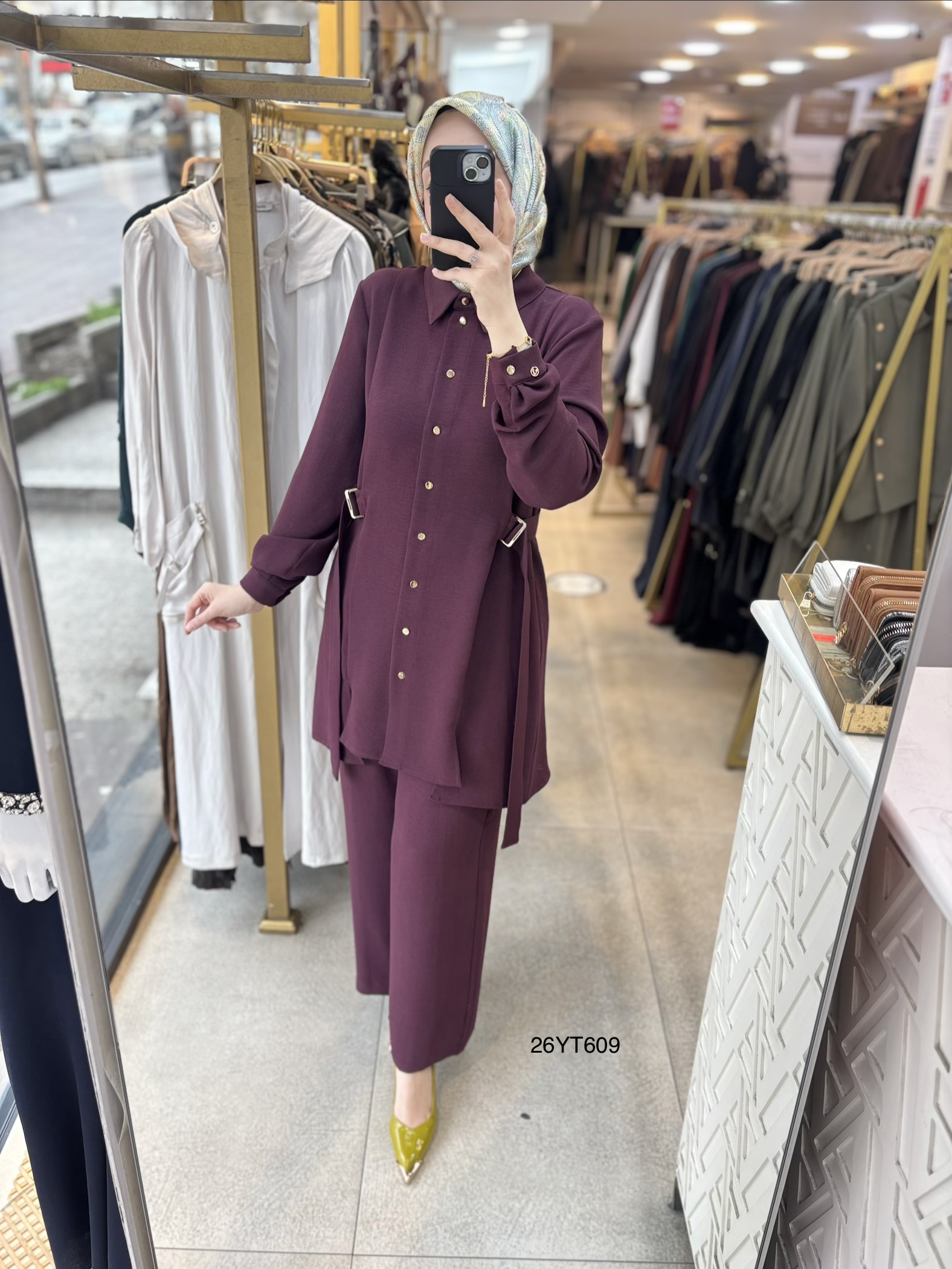 26YT609 Gömlek Yaka Düğmeli Kemerli Takım - Görsel 19