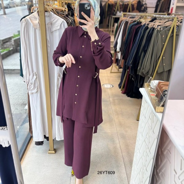 26YT609 Gömlek Yaka Düğmeli Kemerli Takım - Görsel 17