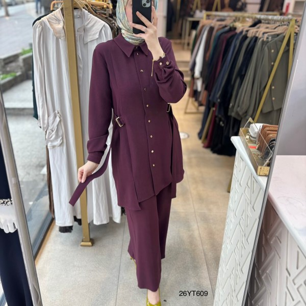 26YT609 Gömlek Yaka Düğmeli Kemerli Takım - Görsel 18