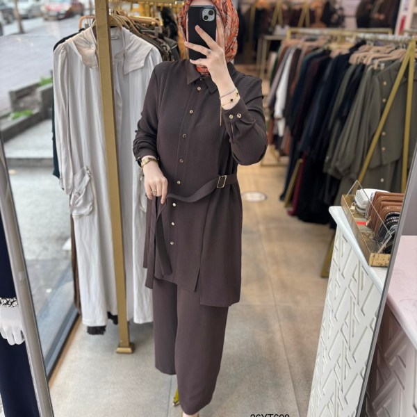 26YT609 Gömlek Yaka Düğmeli Kemerli Takım - Görsel 14