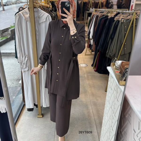 26YT609 Gömlek Yaka Düğmeli Kemerli Takım - Görsel 5