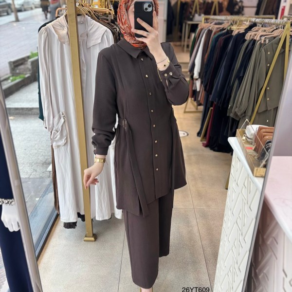 26YT609 Gömlek Yaka Düğmeli Kemerli Takım - Görsel 15