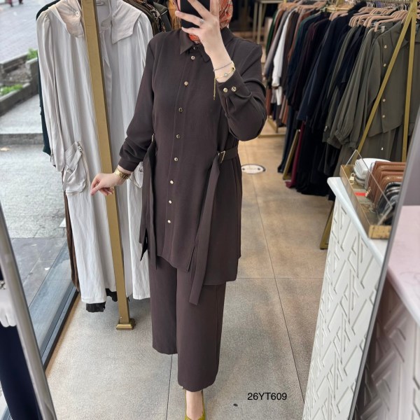 26YT609 Gömlek Yaka Düğmeli Kemerli Takım - Görsel 8