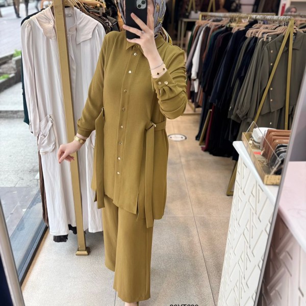 26YT609 Gömlek Yaka Düğmeli Kemerli Takım - Görsel 22