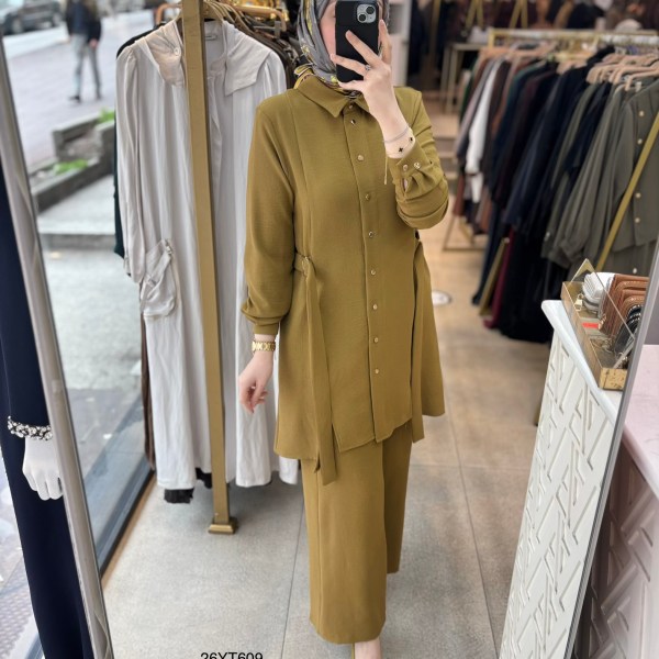 26YT609 Gömlek Yaka Düğmeli Kemerli Takım - Görsel 11