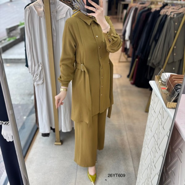 26YT609 Gömlek Yaka Düğmeli Kemerli Takım - Görsel 20