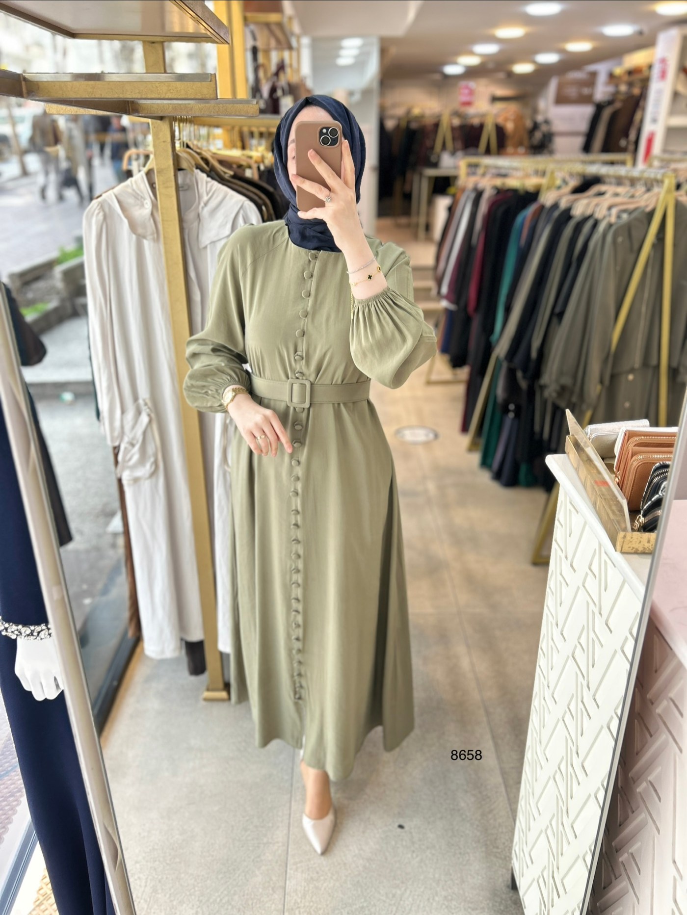 8658 Boydan Düğme Detaylı Kumaş Kemerli Elbise