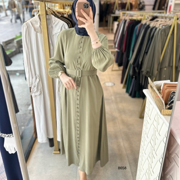 8658 Boydan Düğme Detaylı Kumaş Kemerli Elbise - Görsel 28