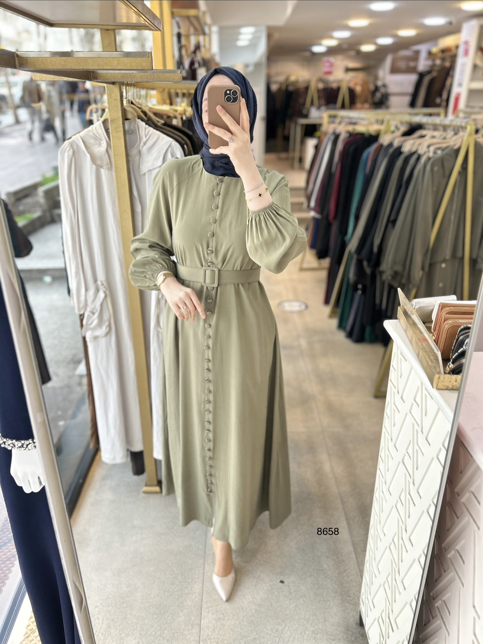 8658 Boydan Düğme Detaylı Kumaş Kemerli Elbise - Görsel 28