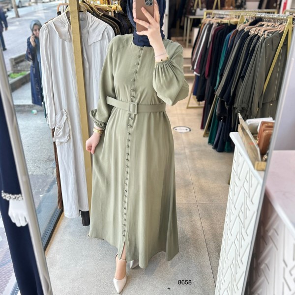 8658 Boydan Düğme Detaylı Kumaş Kemerli Elbise - Görsel 3