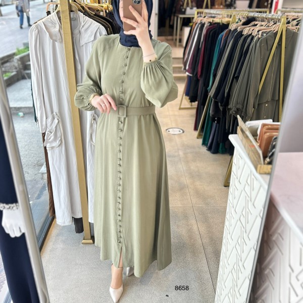 8658 Boydan Düğme Detaylı Kumaş Kemerli Elbise - Görsel 27