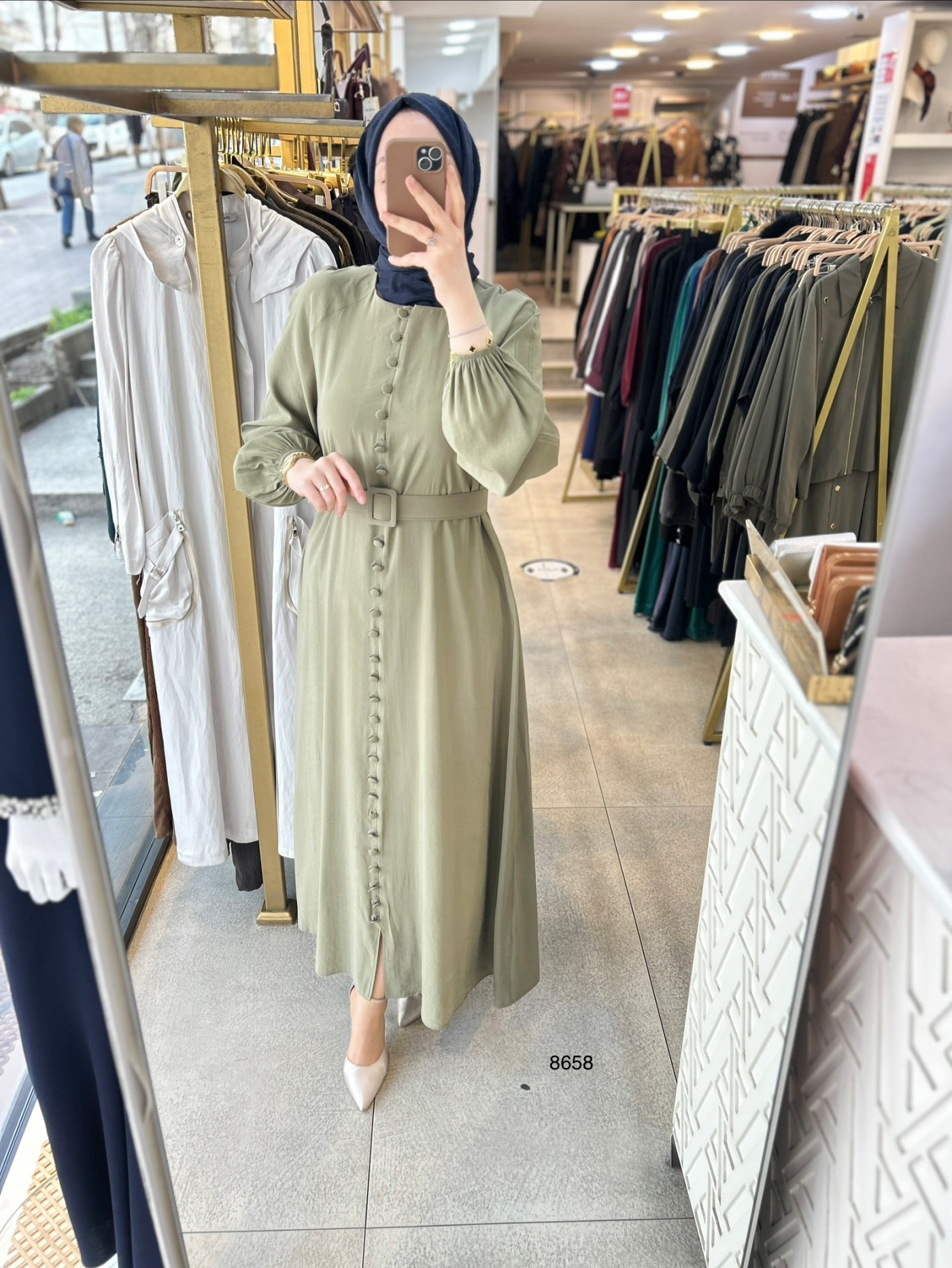 8658 Boydan Düğme Detaylı Kumaş Kemerli Elbise