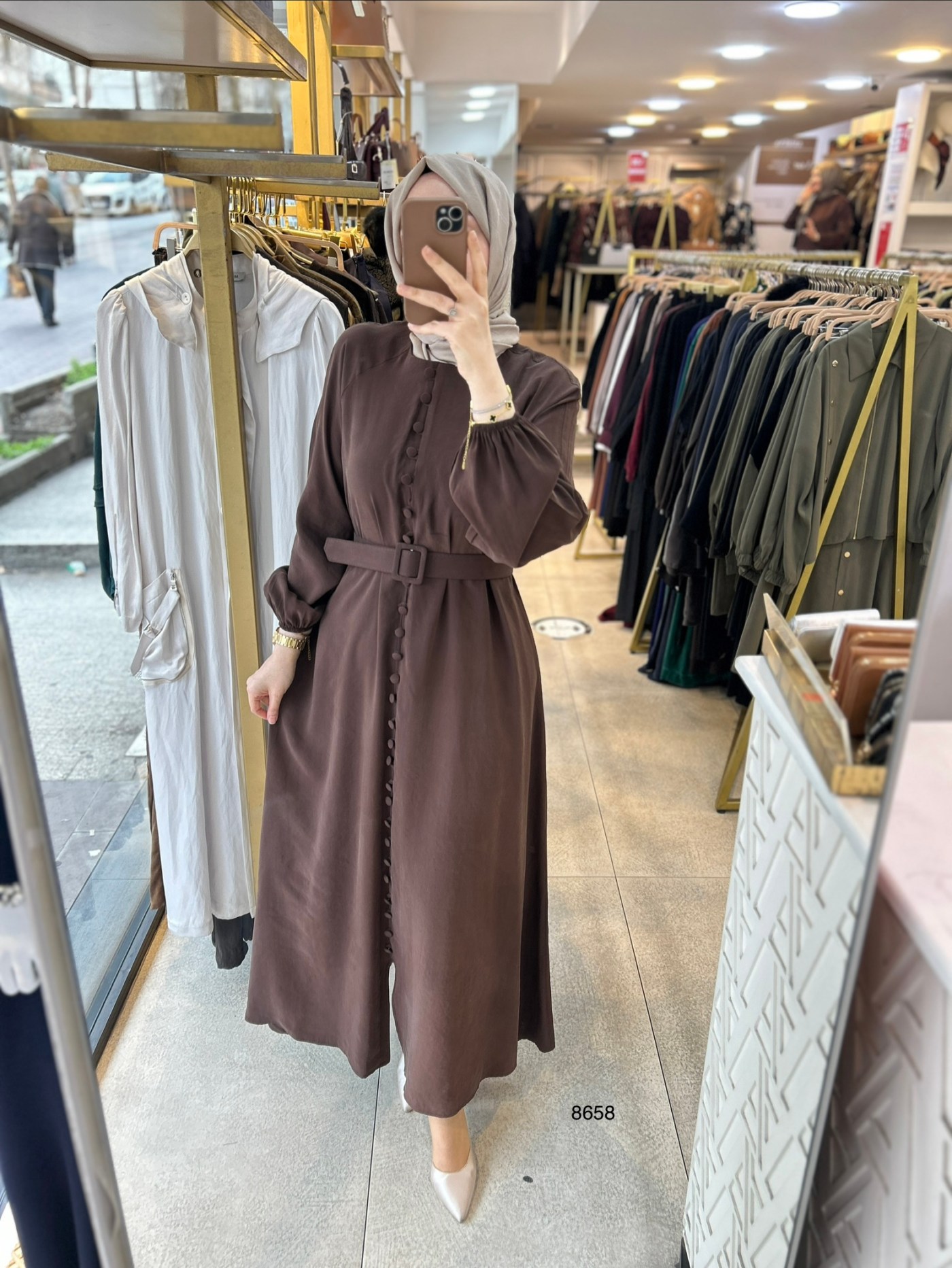 8658 Boydan Düğme Detaylı Kumaş Kemerli Elbise