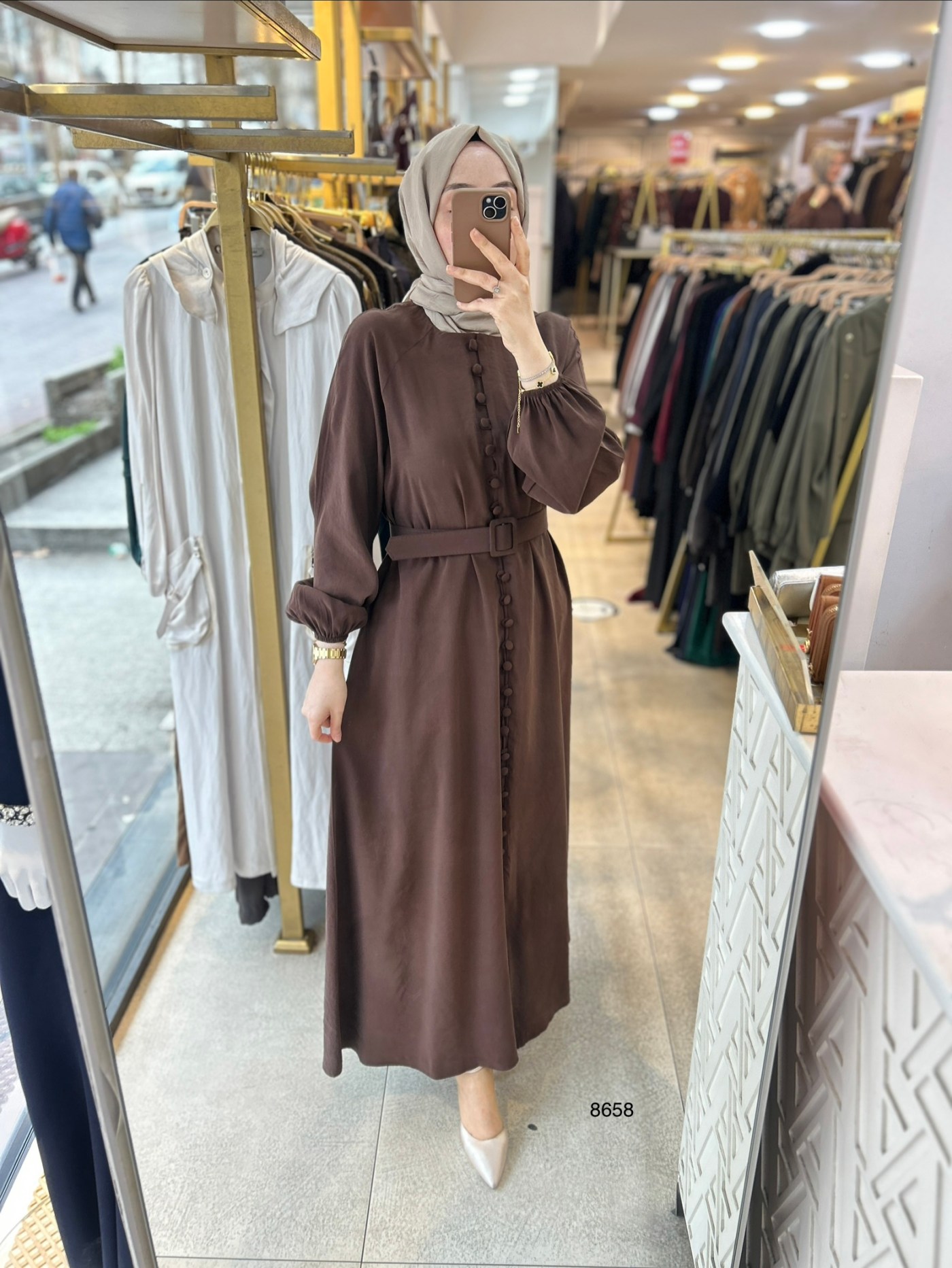 8658 Boydan Düğme Detaylı Kumaş Kemerli Elbise