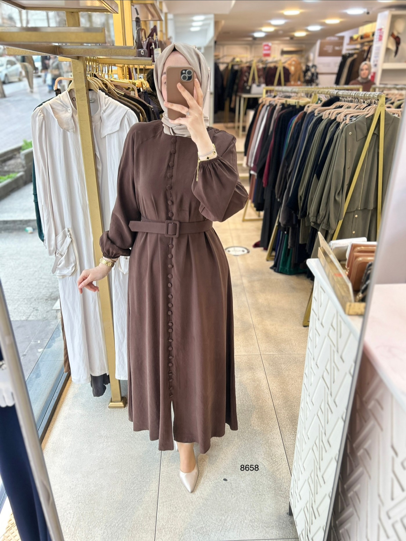 8658 Boydan Düğme Detaylı Kumaş Kemerli Elbise