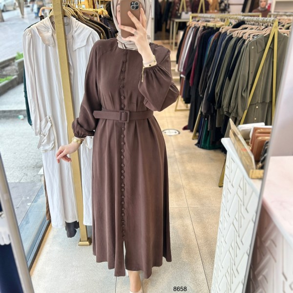 8658 Boydan Düğme Detaylı Kumaş Kemerli Elbise - Görsel 11