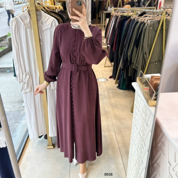 8658 Boydan Düğme Detaylı Kumaş Kemerli Elbise - Görsel 14