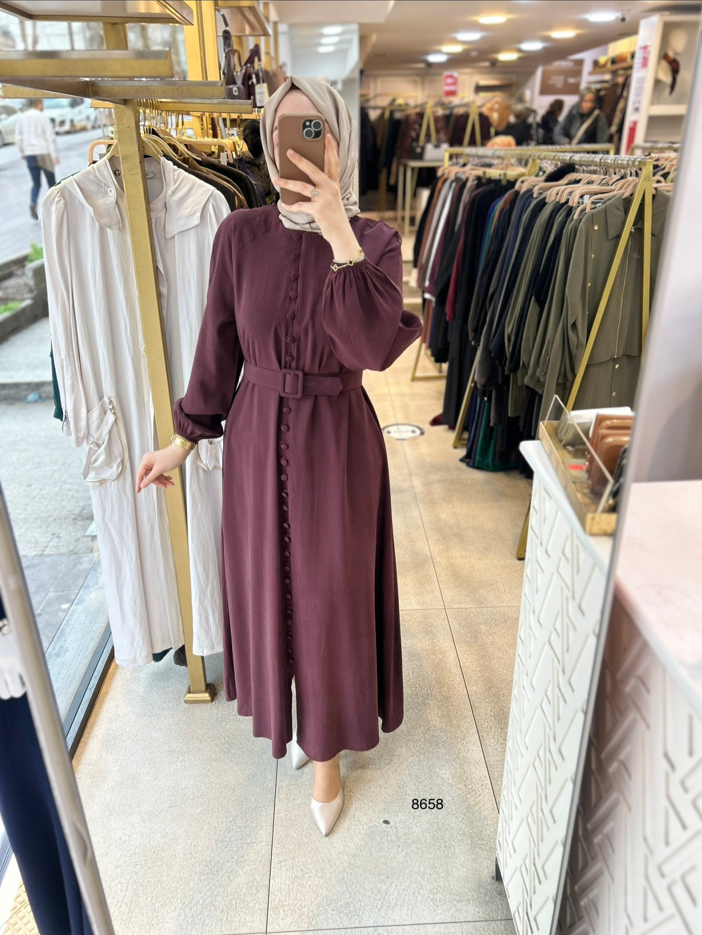 8658 Boydan Düğme Detaylı Kumaş Kemerli Elbise