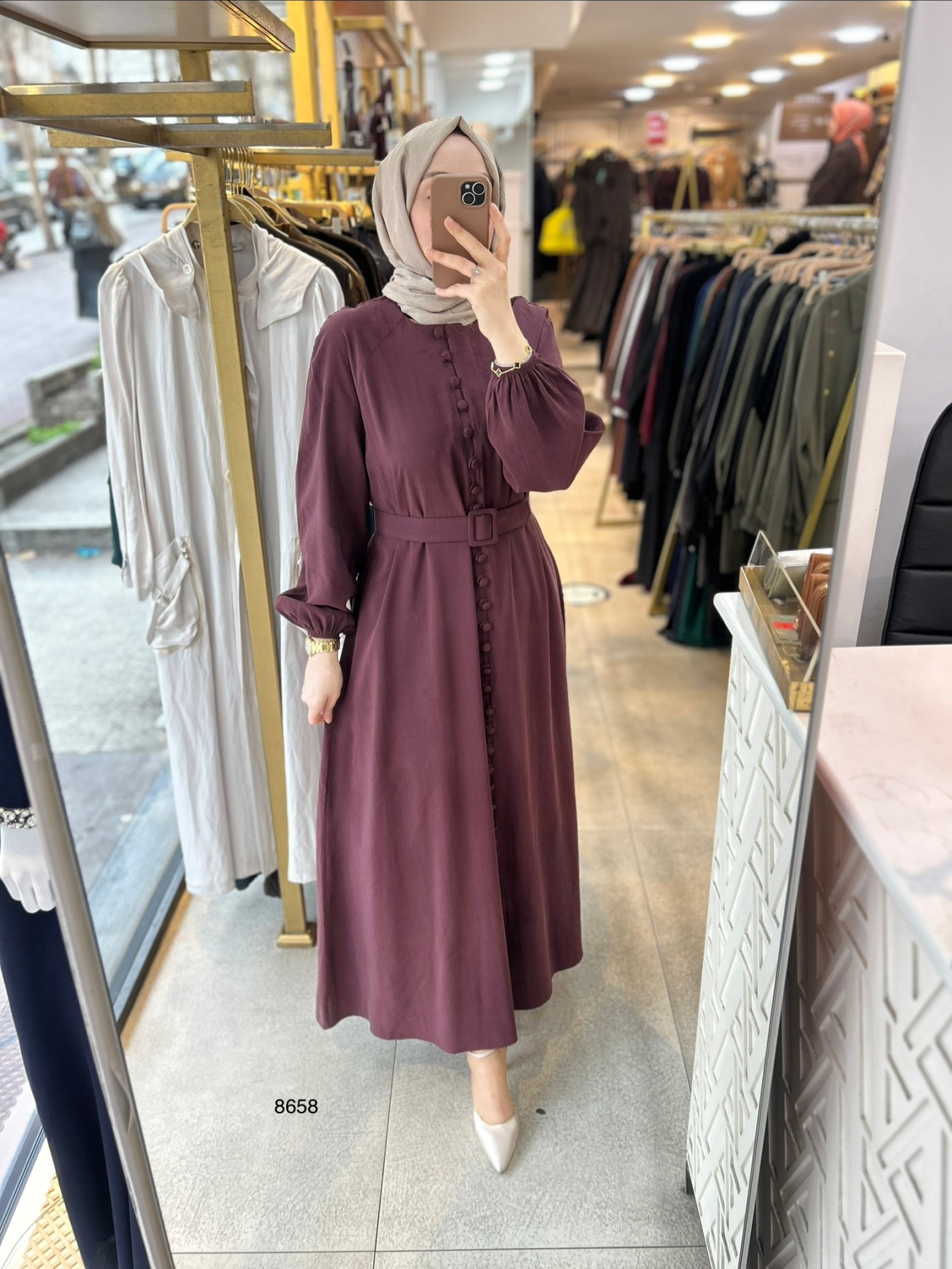 8658 Boydan Düğme Detaylı Kumaş Kemerli Elbise