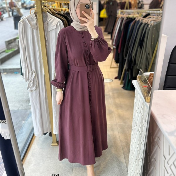 8658 Boydan Düğme Detaylı Kumaş Kemerli Elbise - Görsel 5