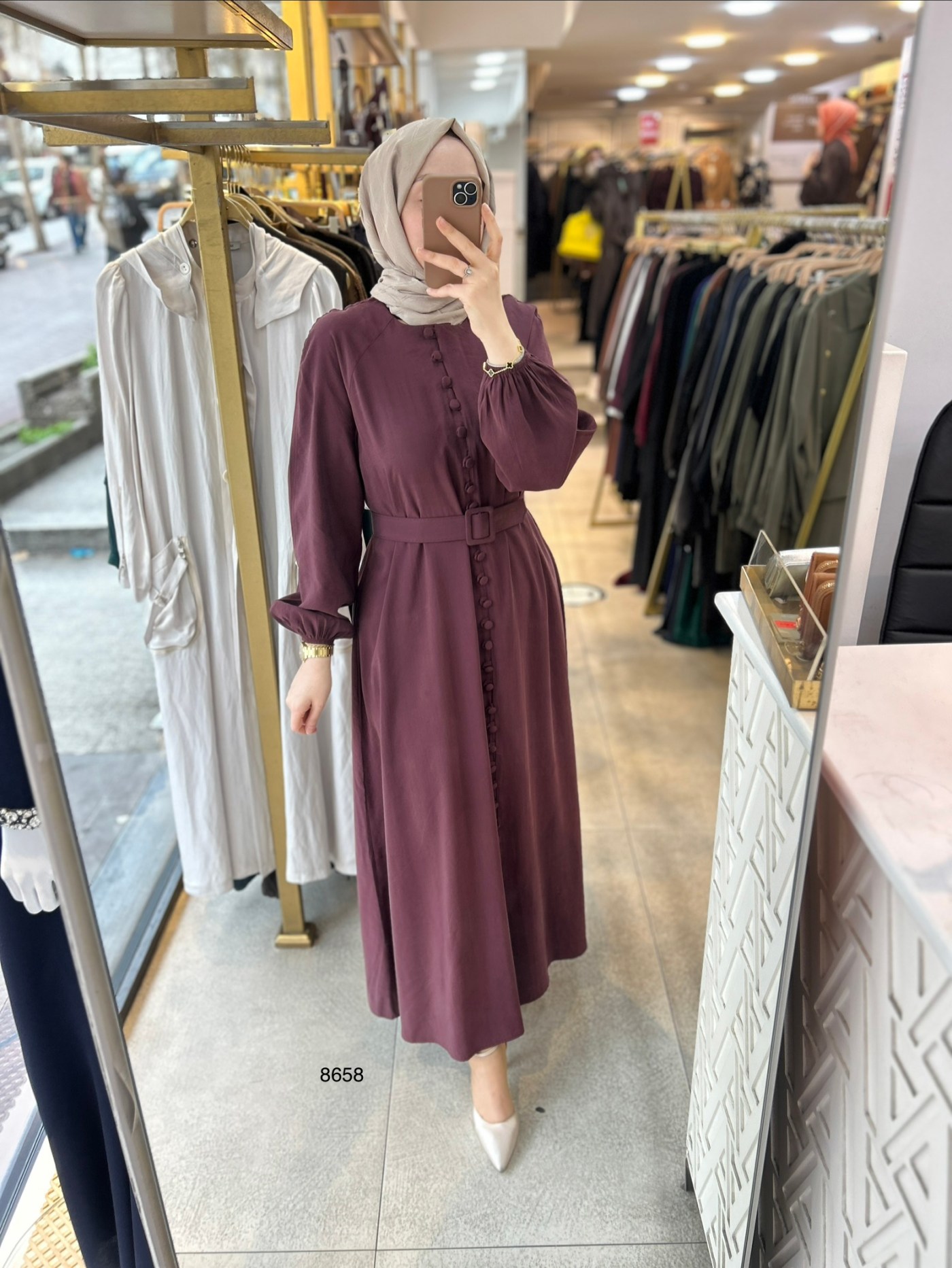 8658 Boydan Düğme Detaylı Kumaş Kemerli Elbise