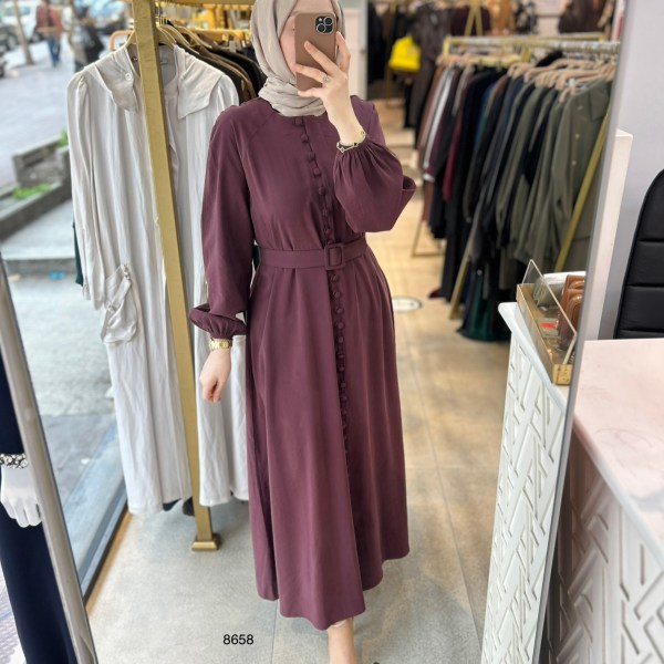 8658 Boydan Düğme Detaylı Kumaş Kemerli Elbise - Görsel 16