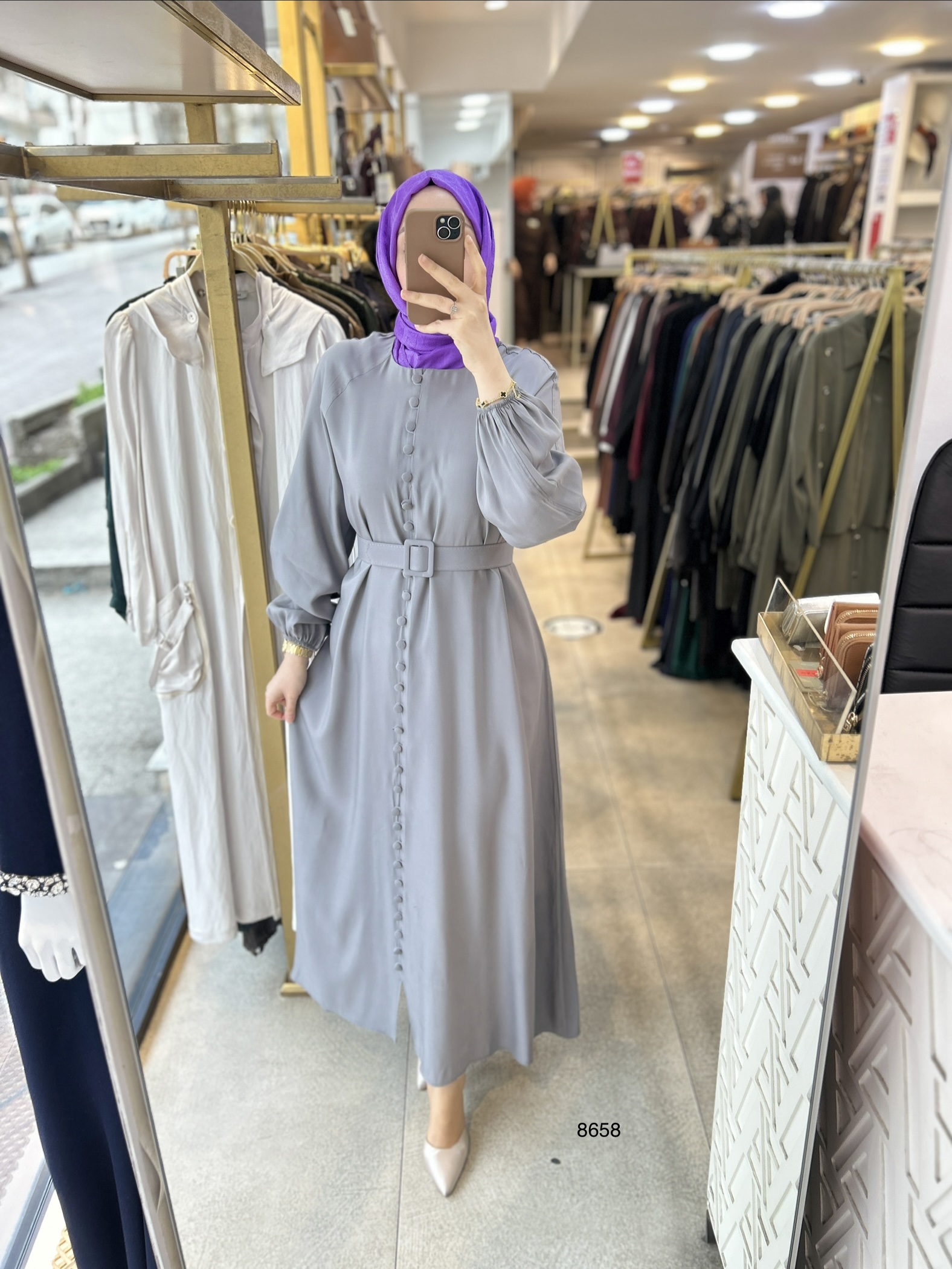 8658 Boydan Düğme Detaylı Kumaş Kemerli Elbise - Görsel 18