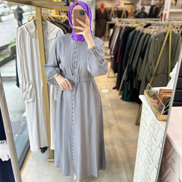 8658 Boydan Düğme Detaylı Kumaş Kemerli Elbise - Görsel 19