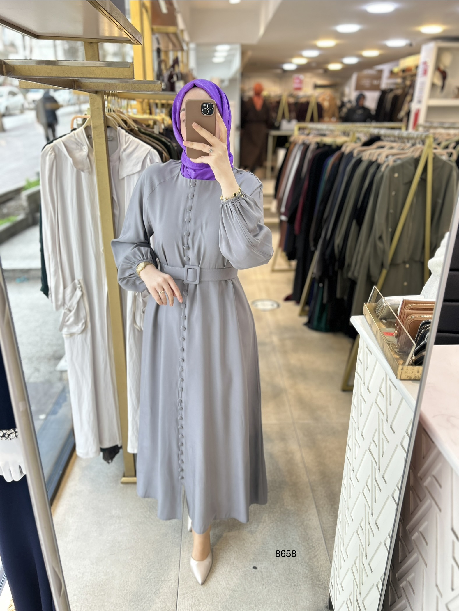 8658 Boydan Düğme Detaylı Kumaş Kemerli Elbise - Görsel 7