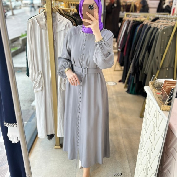 8658 Boydan Düğme Detaylı Kumaş Kemerli Elbise - Görsel 20