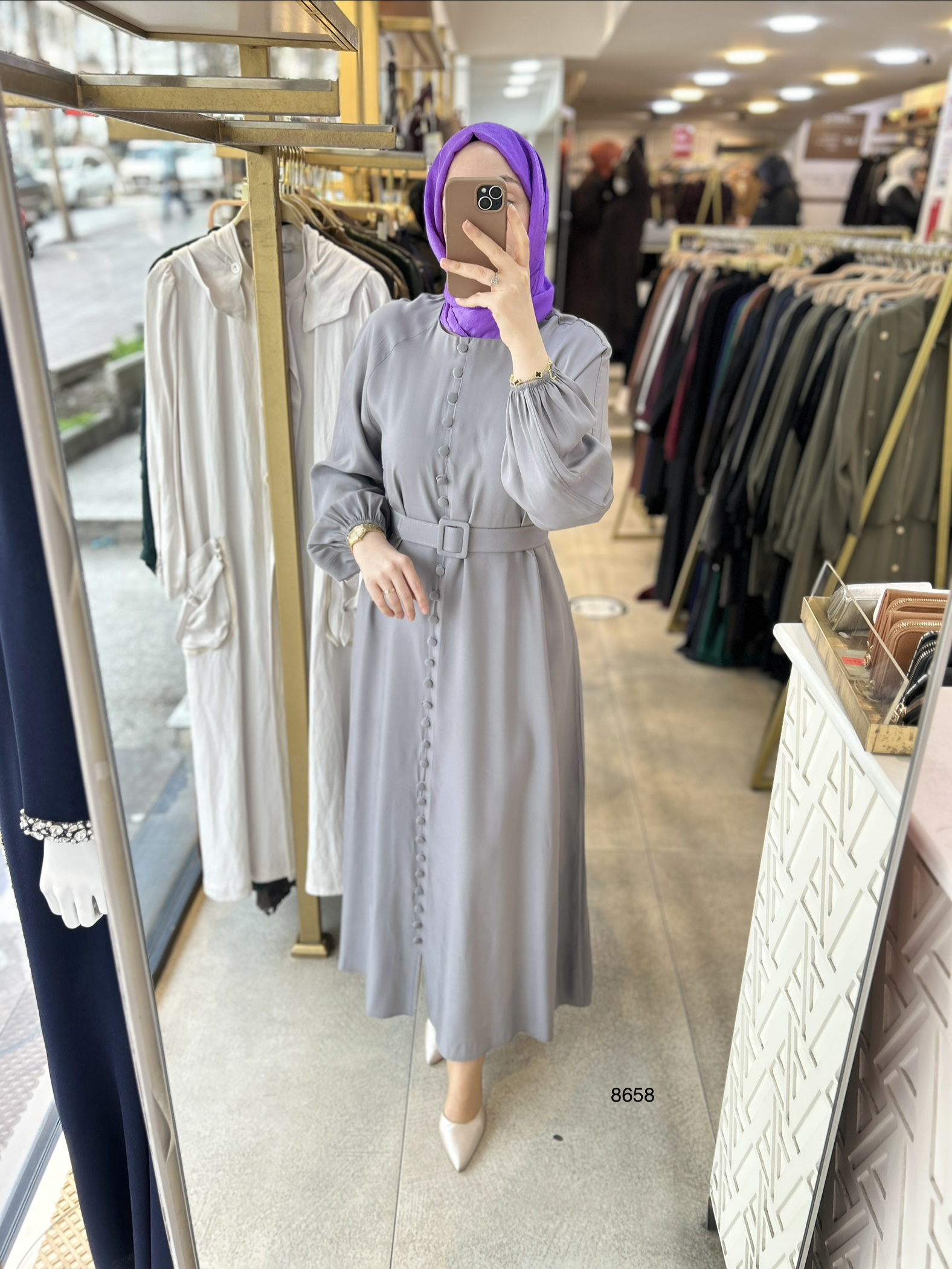 8658 Boydan Düğme Detaylı Kumaş Kemerli Elbise - Görsel 20