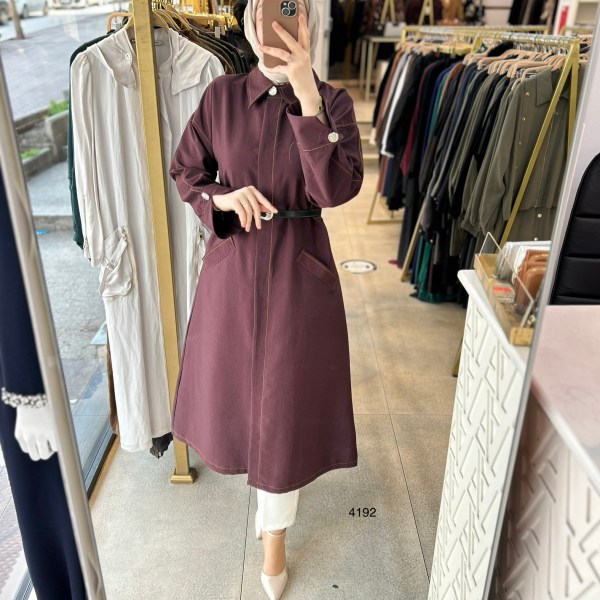 4192 Uzun Kollu Önden Düğmeli Belden Kemerli Kap - Görsel 9